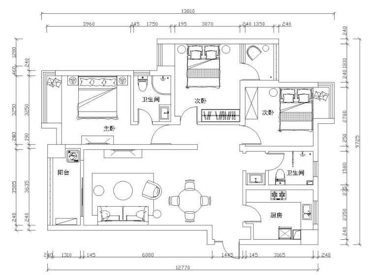 家具平面图,进门右手是鞋柜,左手边餐客厅往外是阳台.