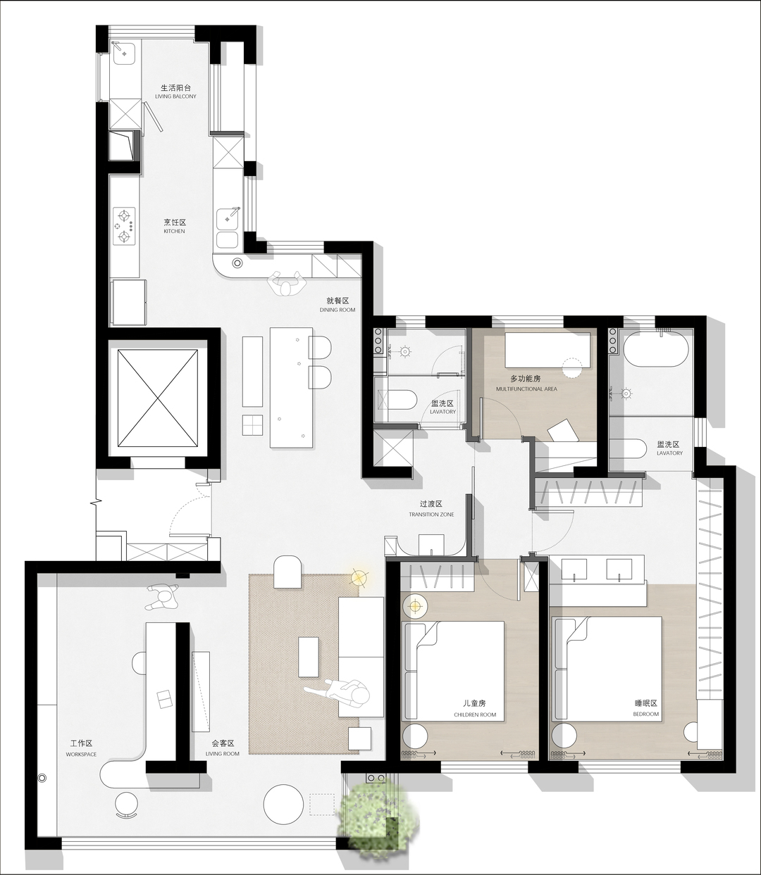 125平混搭美式侘寂三室住宅公寓装修案例