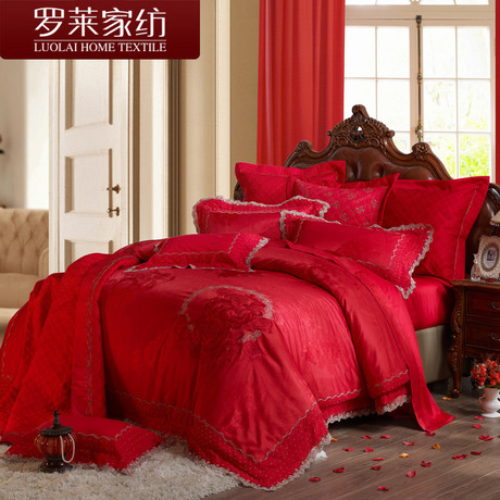 罗莱家纺红色蕾丝结婚庆提花床单八件套件 T1100