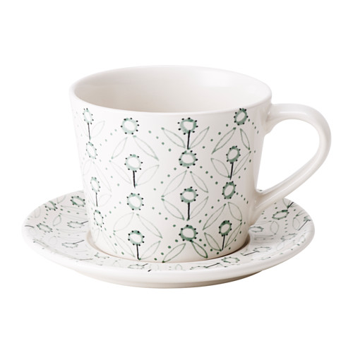 宜家家居爱尼特灰白绿色茶杯和茶碟103.159.95